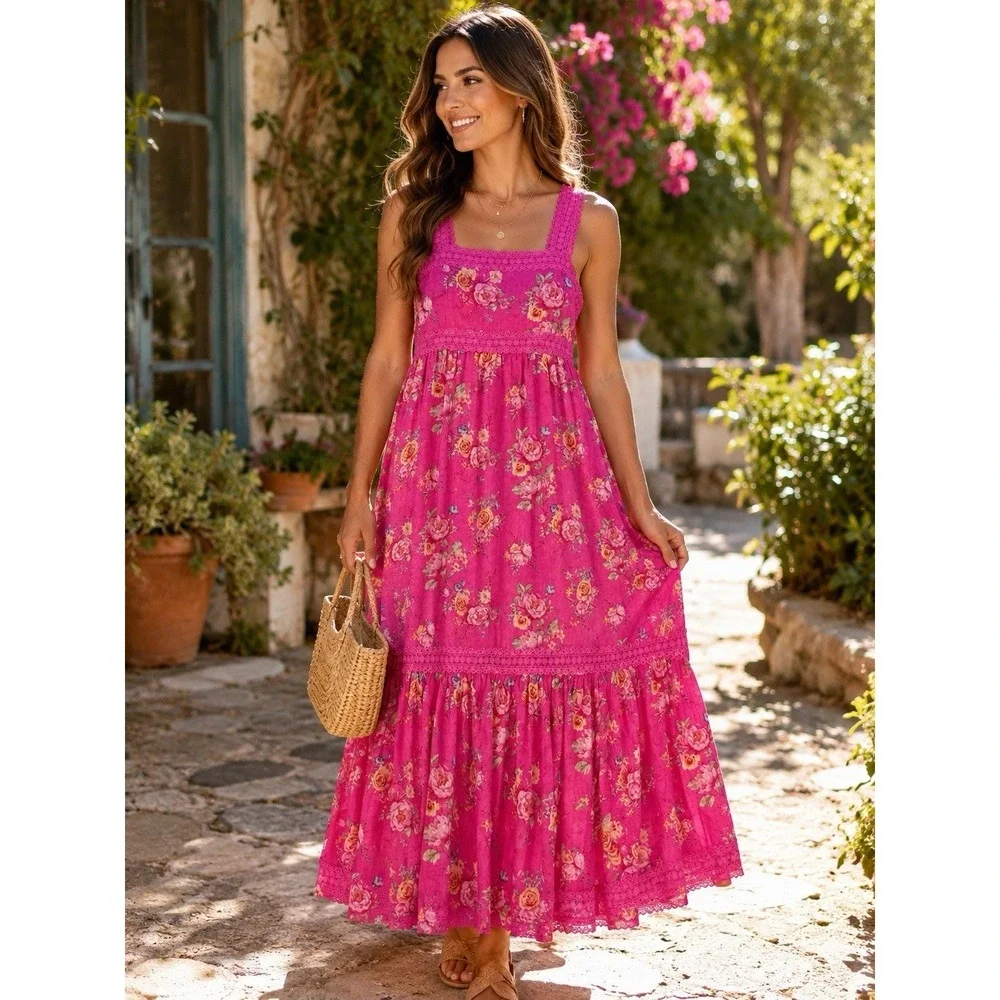 Blu‎ Pepper Pink Floral Lace Trim Maxi Dress Cottagecore Boho Romantic Size L